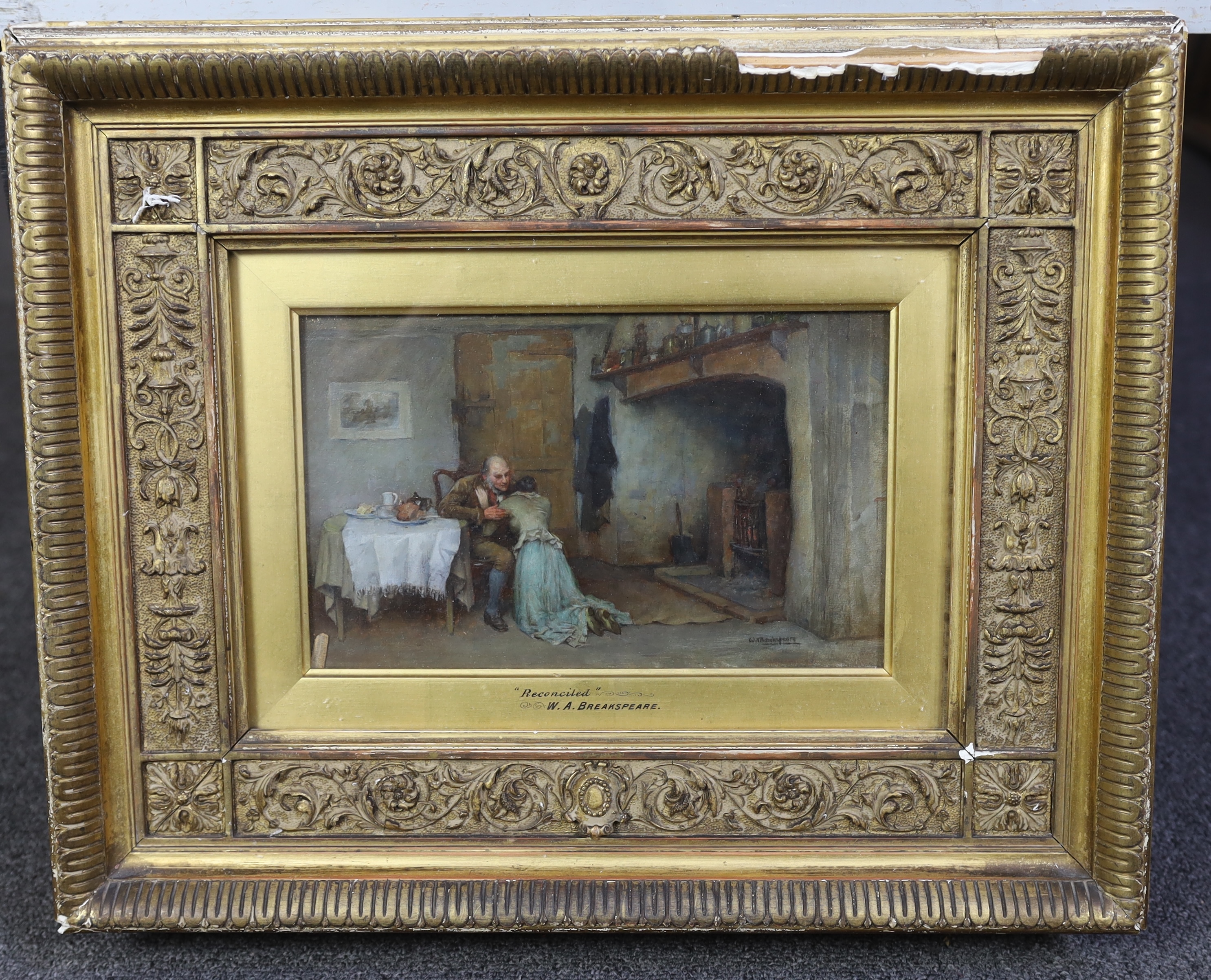 William A. Breakspeare (English, 1855-1914), 'Reconciled', oil on wooden panel, 15 x 24cm